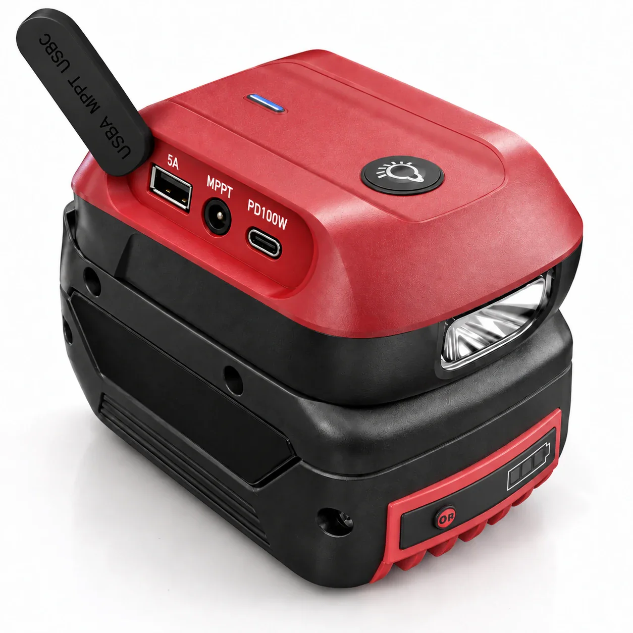 GAA18V-YM with the port cover open showing USB-A DC5521 and USB-C