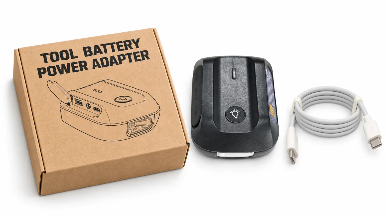 Adapter beside its packaging box and USB-C cable