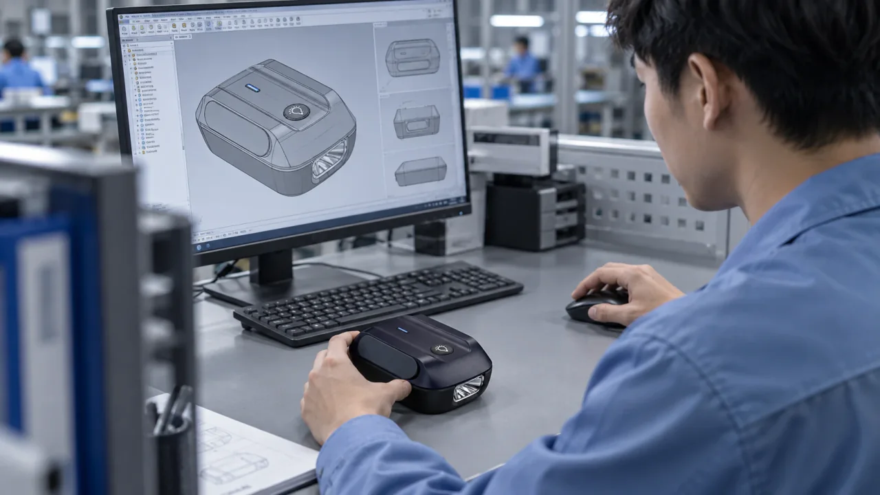 Adapter design shown on a monitor beside a product sample