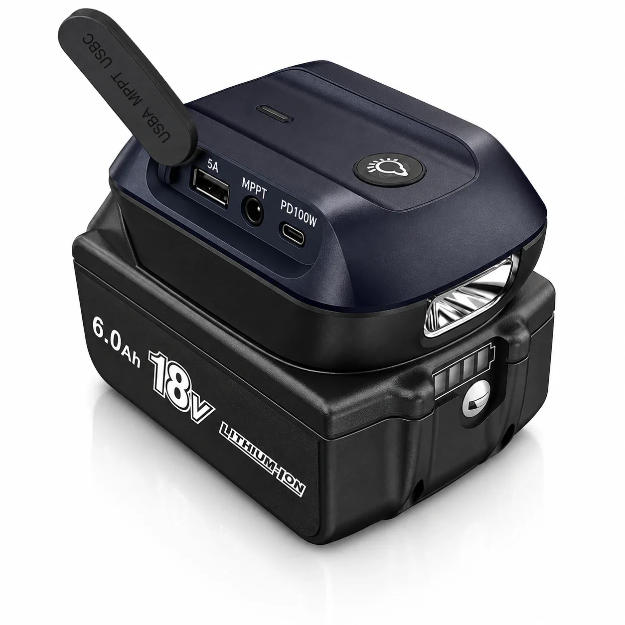 ADP05-YM with the port cover open showing USB-A DC5521 and USB-C