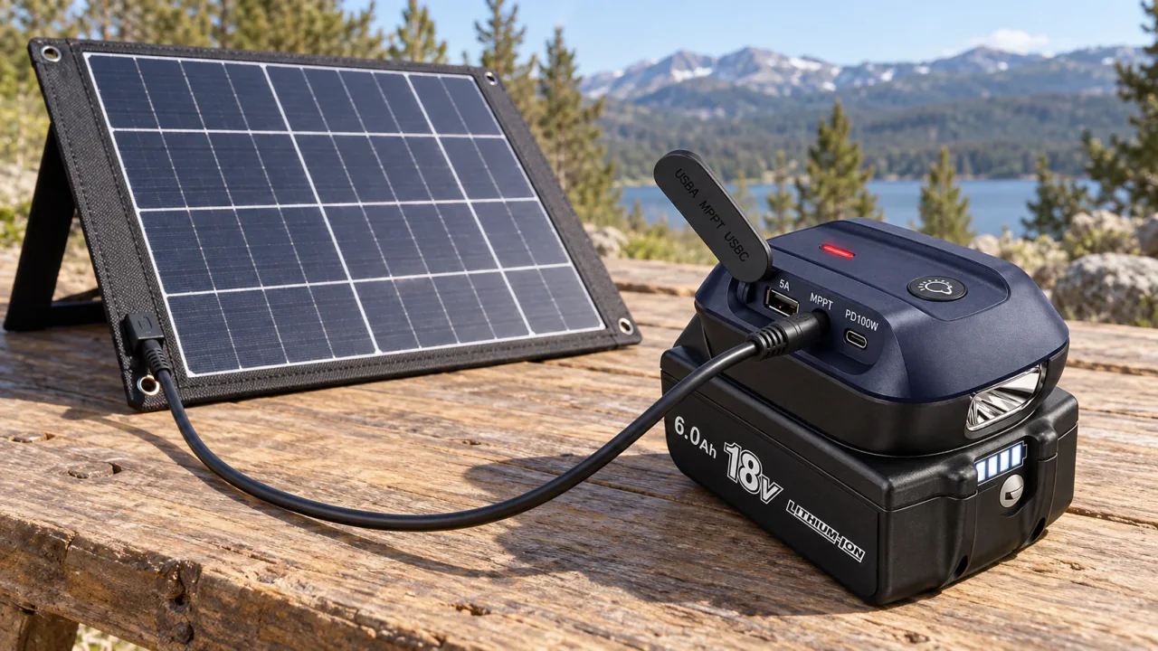 Solar panel connected to ADP05-YM on a battery